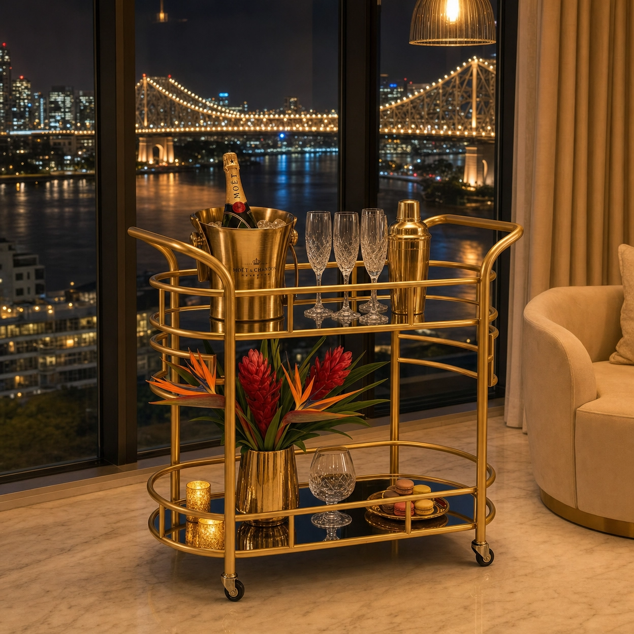 The Gatsby spoke-wheel detail — Art Deco gold bar cart Australia
