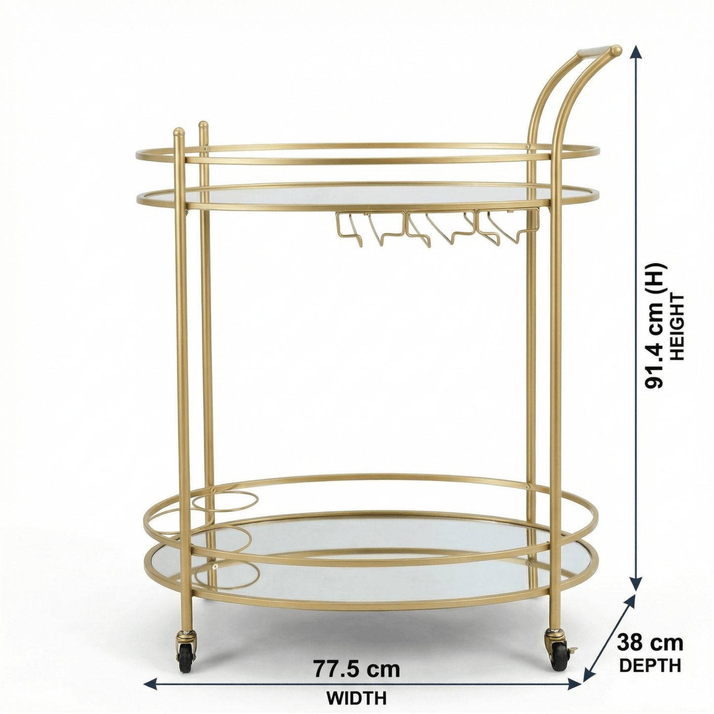 Close-up of The Aurelia Gold Oval Bar Cart’s glass shelves and gold frame showcasing contemporary deco style in a stylish home setting
