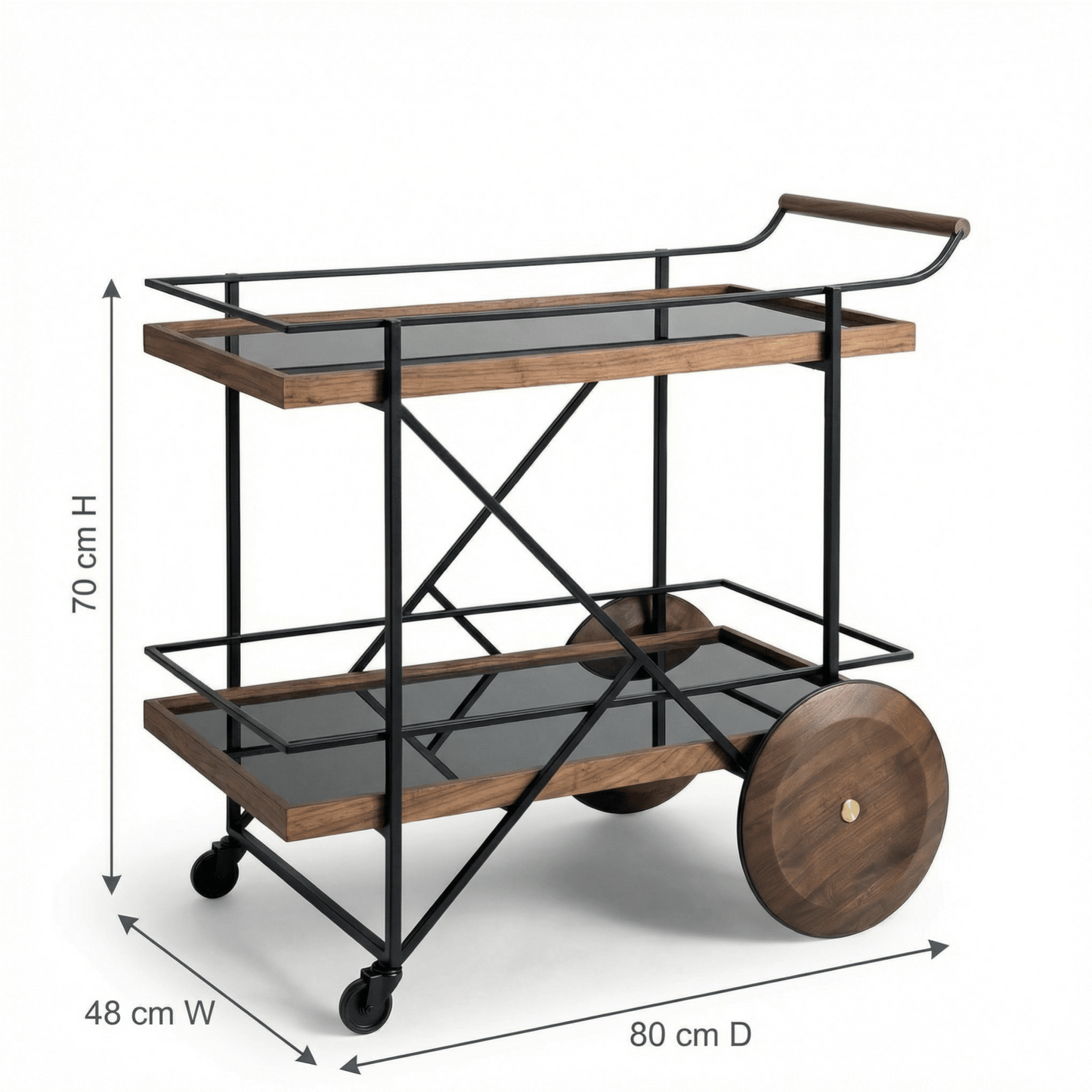 The Fitzroy bar cart top tier with bottles — wood and iron bar trolley Australia