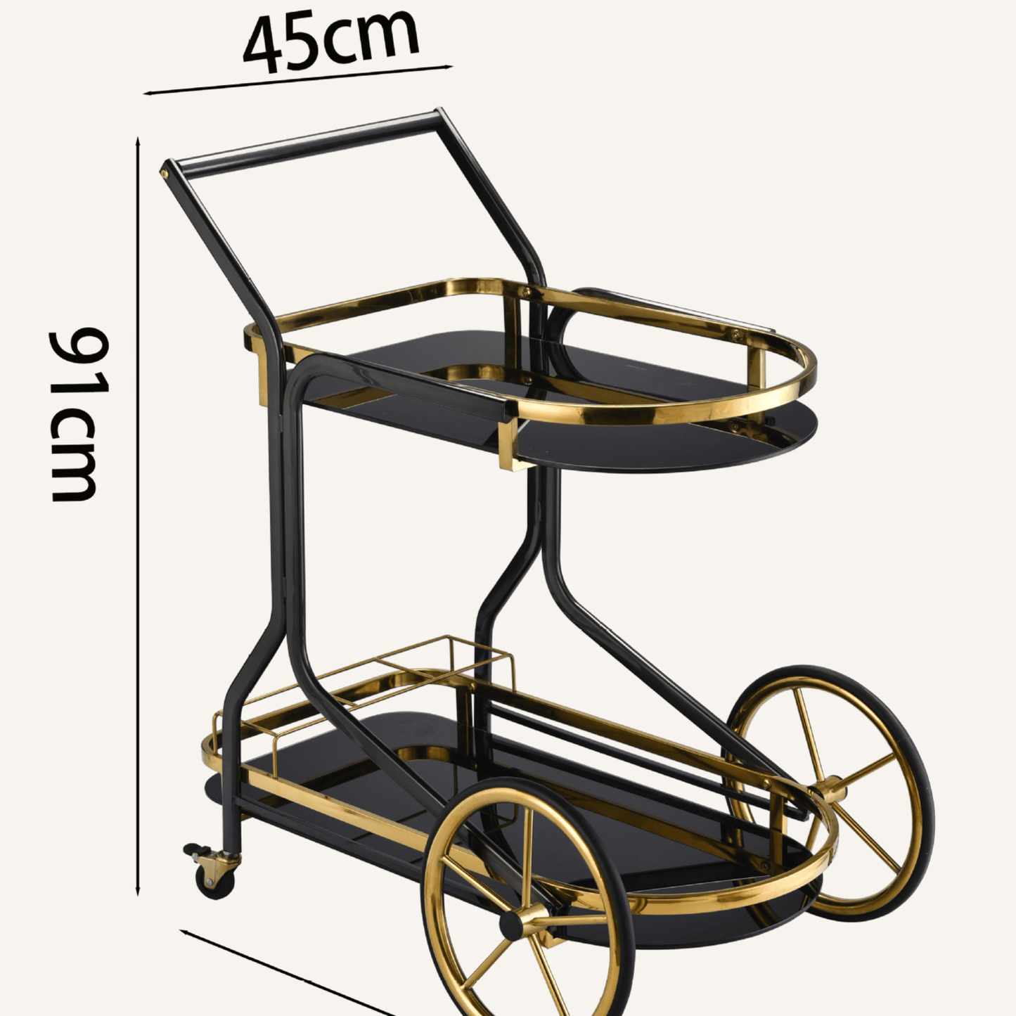 The Savoy Art Deco bar cart with decanters — dark glass brass drinks trolley Australia