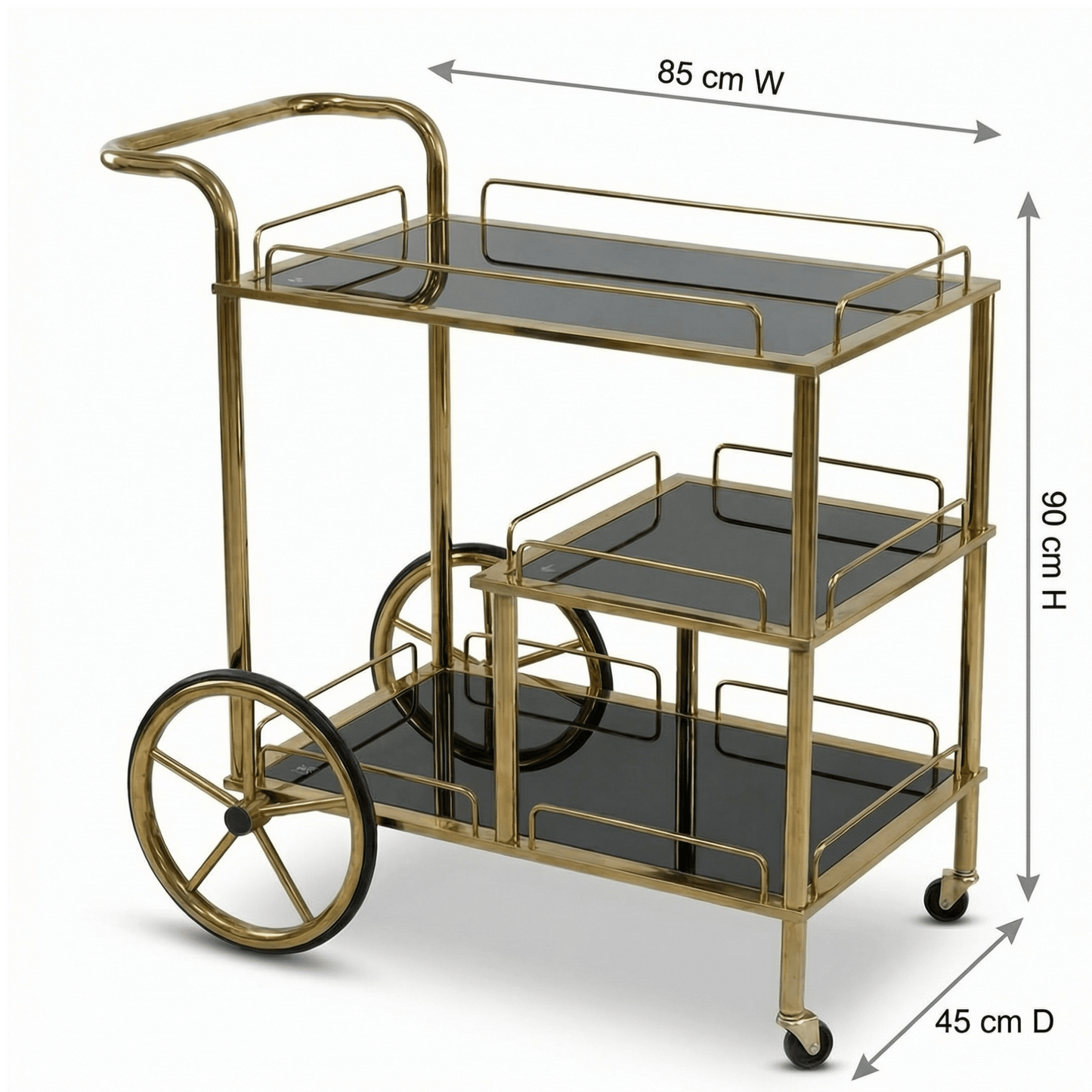 Close-up of Sovereign Bar Cart’s sleek black frame and glass shelves styled with elegant glassware and decor accents