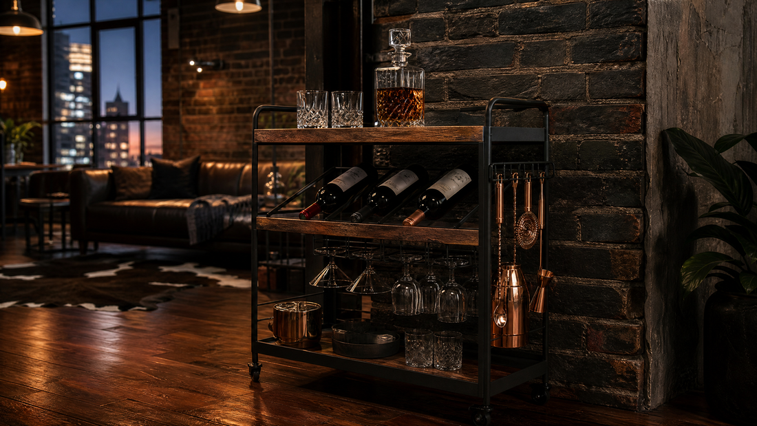 Industrial bar cart Australia — matte black iron frame and rustic wood shelves styled in a dark industrial loft home bar