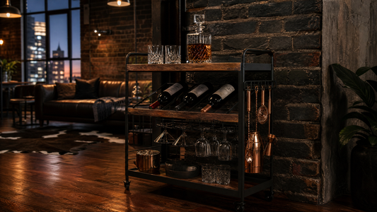 Industrial bar cart Australia — matte black iron frame and rustic wood shelves styled in a dark industrial loft home bar
