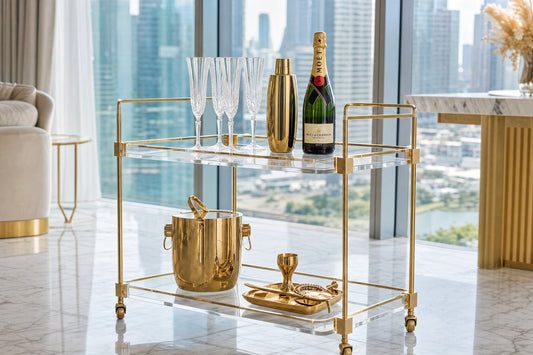 Acrylic bar cart Australia — clear acrylic and gold bar cart in a bright modern apartment with city skyline views and crystal glassware