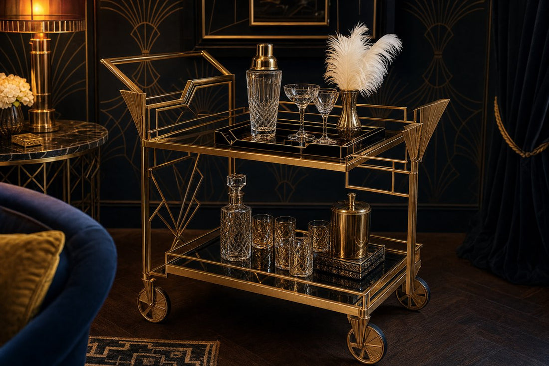 Art Deco bar cart Australia — gold geometric bar cart with crystal cocktail shaker and angular glassware styled in a moody Art Deco-inspired room