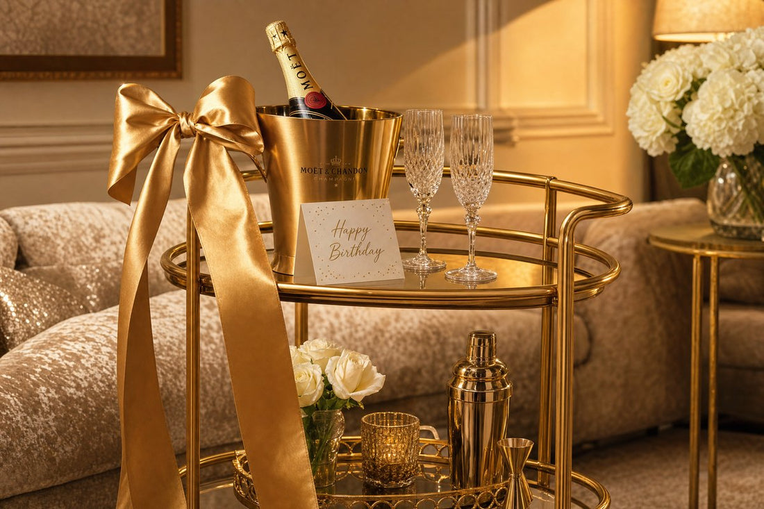 Bar cart gift Australia — gold bar cart with gold ribbon bow, champagne flutes and Moet bottle styled as a luxury birthday or housewarming gift