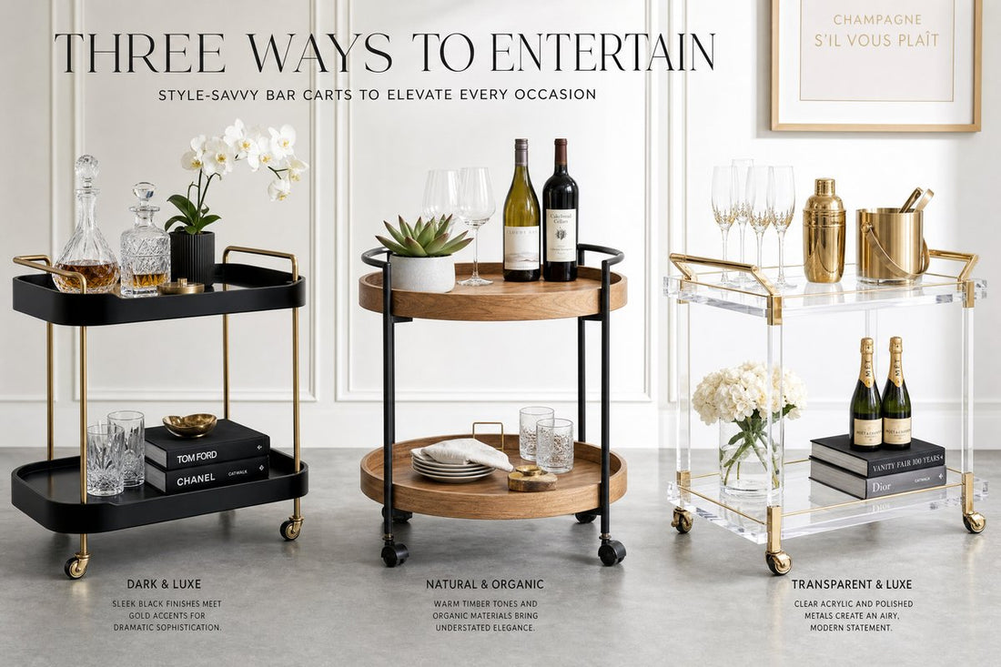 Bar cart trends 2026 Australia — gold two-tier bar cart styled with crystal decanters, champagne flutes and sculptural bar accessories in a luxurious Australian living room