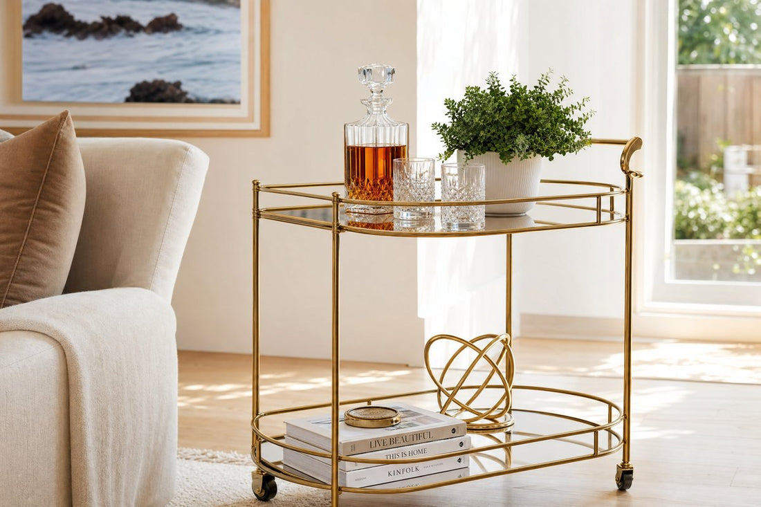 Bar cart under $500 Australia — stylish gold two-tier bar cart in a bright modern Australian living room with crystal decanter and whisky glasses