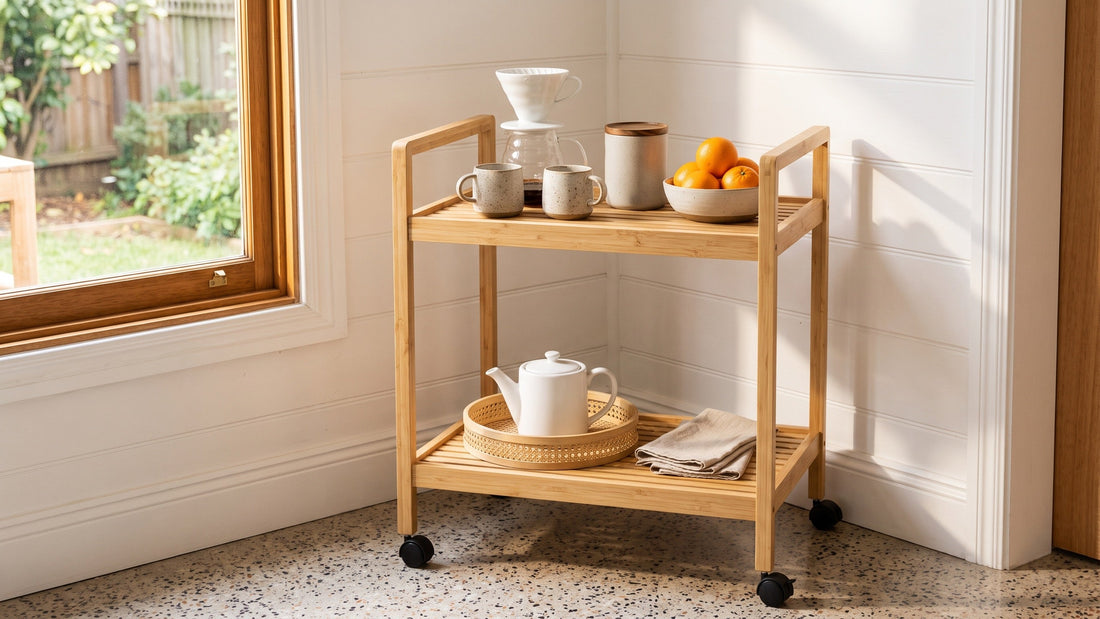A bamboo cart set up as a coffee and tea station with a kettle, pour-over stand and ceramic cups in a Melbourne cottage kitchen
