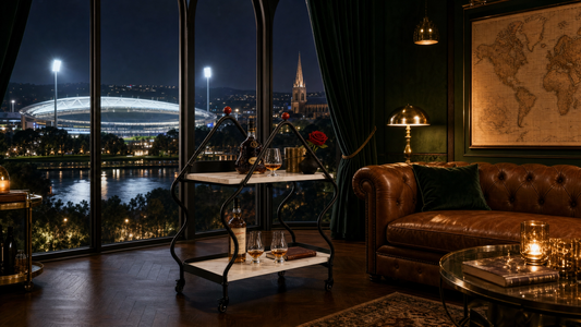 Drinks trolley Adelaide — premium bar cart in a dark library study with Adelaide Oval floodlit at night