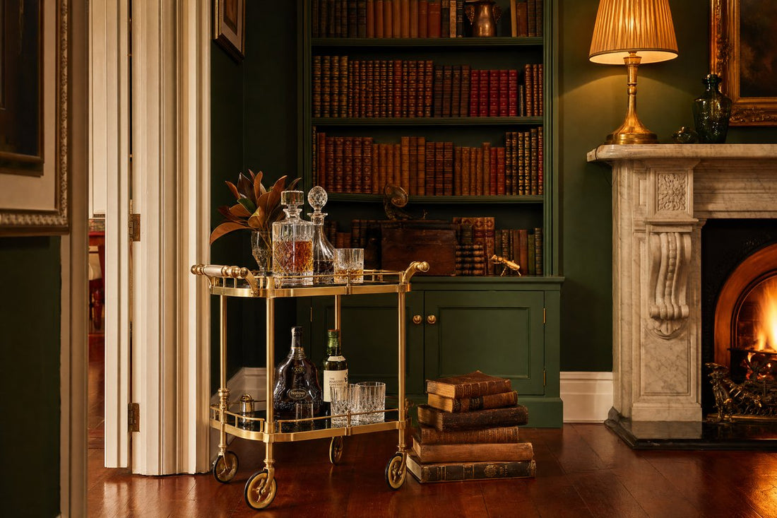 Drinks trolley Canberra — elegant gold two-tier bar cart styled with crystal decanters and whisky glasses, delivered to Canberra and the ACT