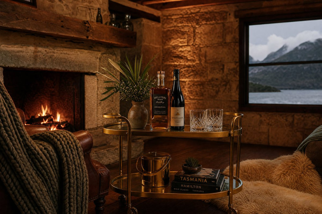 Drinks trolley Hobart — elegant gold bar cart styled with whisky decanters and crystal glassware, delivered to Hobart and across Tasmania