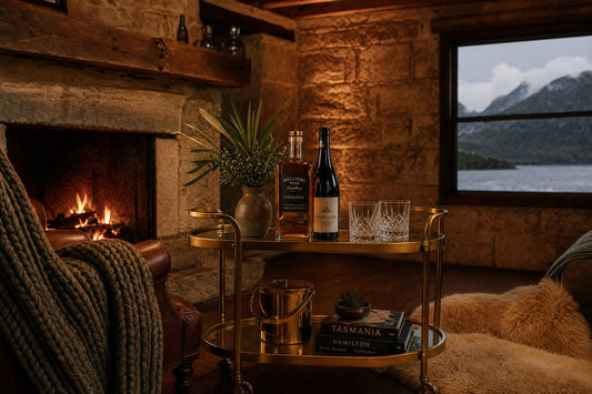 Drinks trolley Hobart — elegant gold bar cart styled with whisky decanters and crystal glassware, delivered to Hobart and across Tasmania