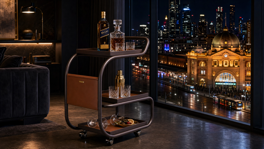 Drinks trolley Melbourne — bar cart styled in a dark luxury Melbourne apartment overlooking Flinders Street Station at night