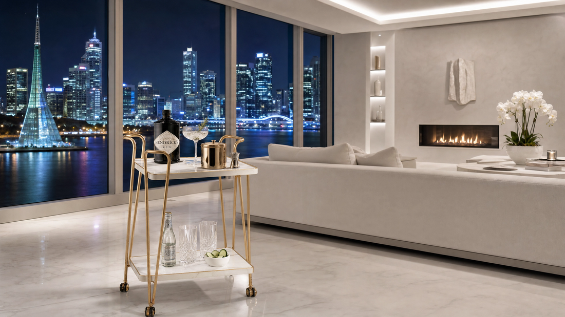 Drinks trolley Perth — gold and marble bar cart in a bright luxury Perth apartment with CBD skyline and Swan River at night