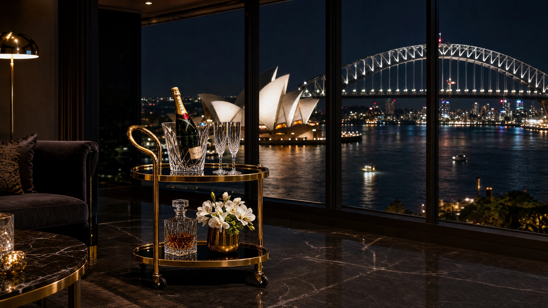 Drinks trolley Sydney — gold bar cart in a luxury Sydney apartment with Opera House and Harbour Bridge at night