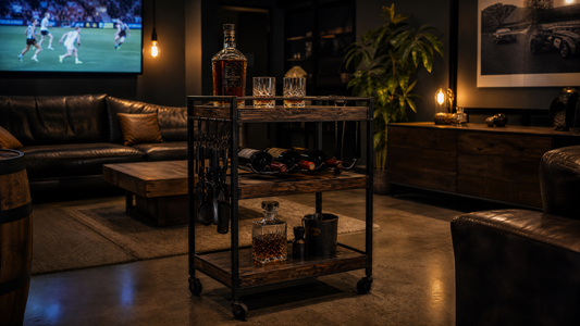 Man cave bar cart ideas Australia — industrial matte black bar cart fully stocked with whisky and glassware in a dark masculine home entertainment room