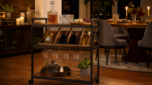 Bar cart with wine rack Australia — three-tier iron bar cart with integrated angled wine rack holding red and white bottles, stemware hooks, styled in warm dining room