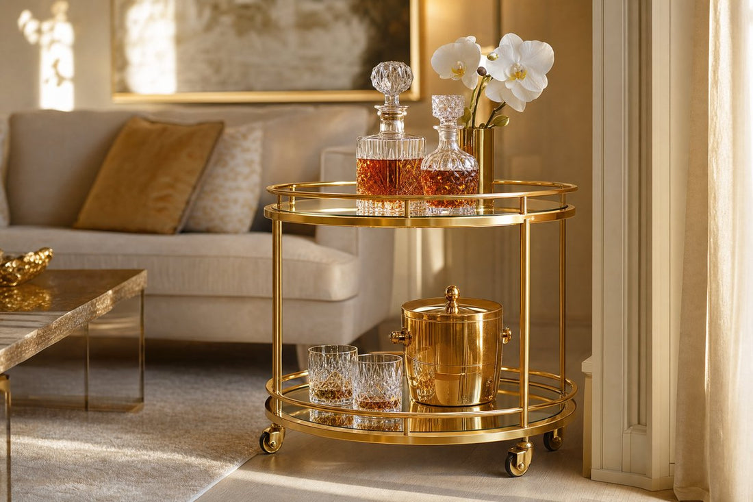 Round bar cart Australia — gold circular bar cart with crystal decanters and whisky tumblers styled in an elegant Australian living room