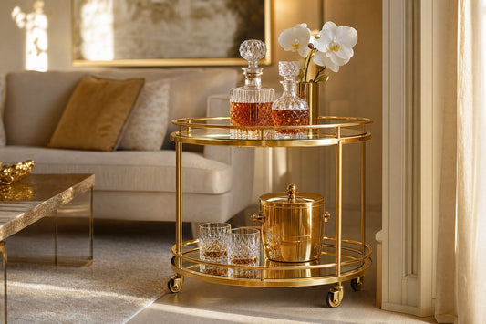 Round bar cart Australia — gold circular bar cart with crystal decanters and whisky tumblers styled in an elegant Australian living room
