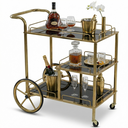 Sovereign bar cart — black and gold two-tier drinks trolley, modern glamour, Australia