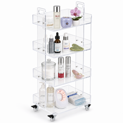 Crystal Clear Acrylic Rolling Salon Cart in medical clinic — clear acrylic 4-tier clinic trolley with deep tray shelves Australia