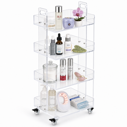 Crystal Clear Acrylic Rolling Salon Cart in medical clinic — clear acrylic 4-tier clinic trolley with deep tray shelves Australia