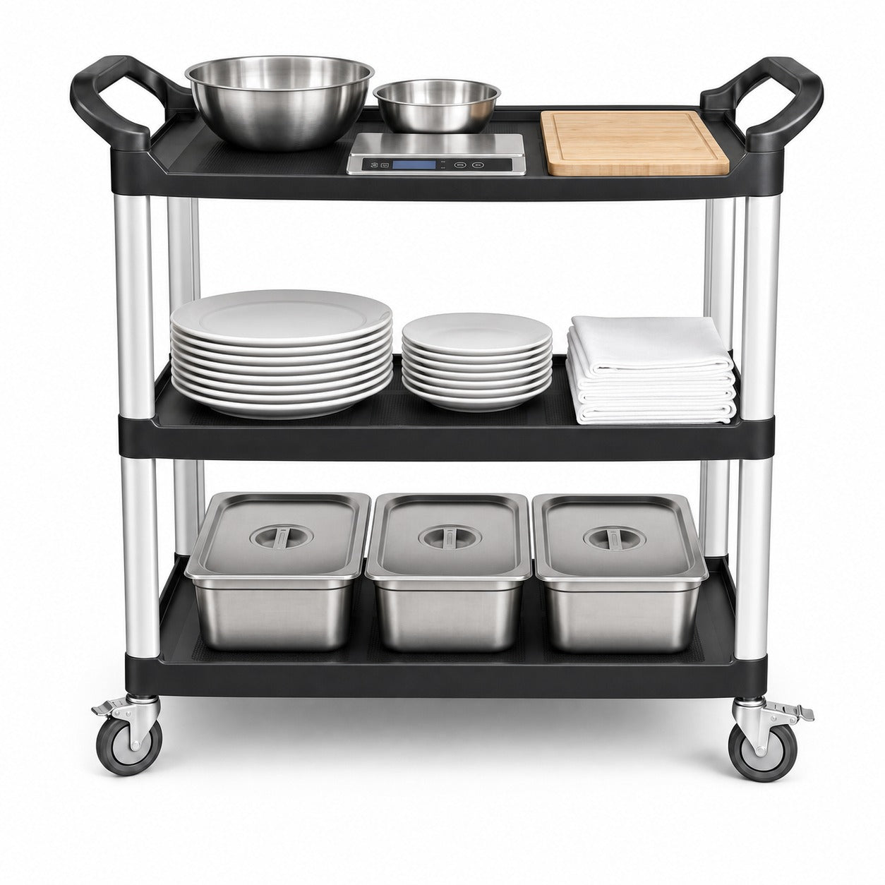 Commercial three-tier utility cart in commercial kitchen — heavy-duty service trolley for restaurant and catering use