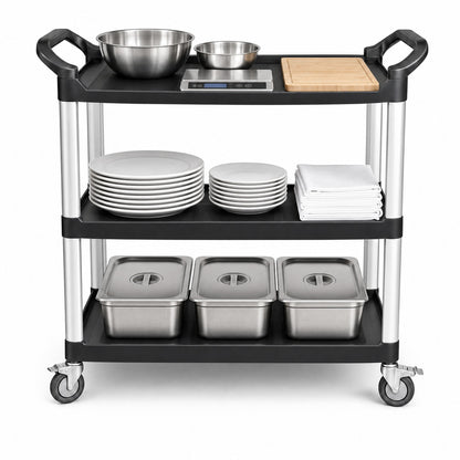 Commercial three-tier utility cart in commercial kitchen — heavy-duty service trolley for restaurant and catering use