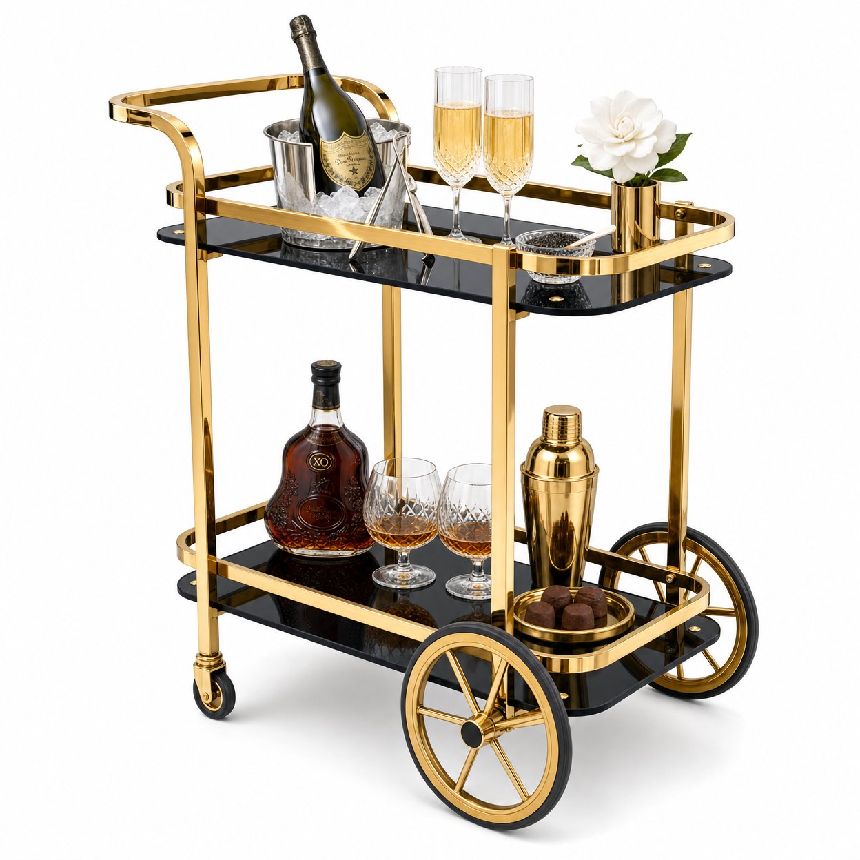Le Versailles two-tier gold bar cart with black glass shelves styled with crystal decanters and glassware