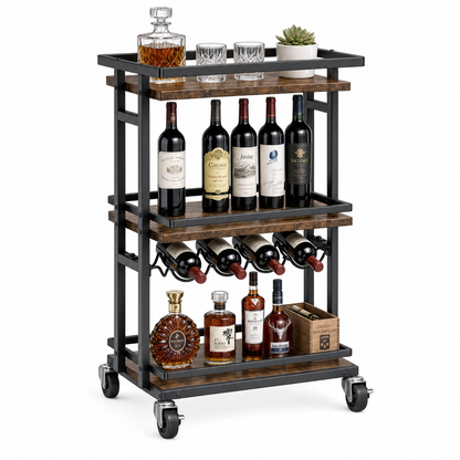 Oslo three-tier wine serving cart Russet Brown — Nordic industrial bar cart with wood shelves styled in luxury home Australia