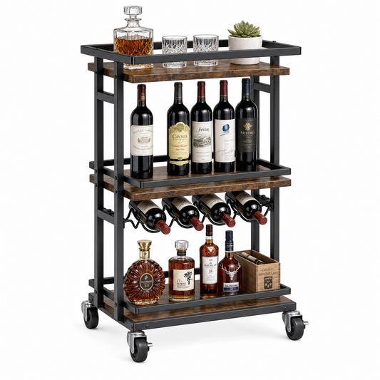 Oslo three-tier wine serving cart Russet Brown — Nordic industrial bar cart with wood shelves styled in luxury home Australia