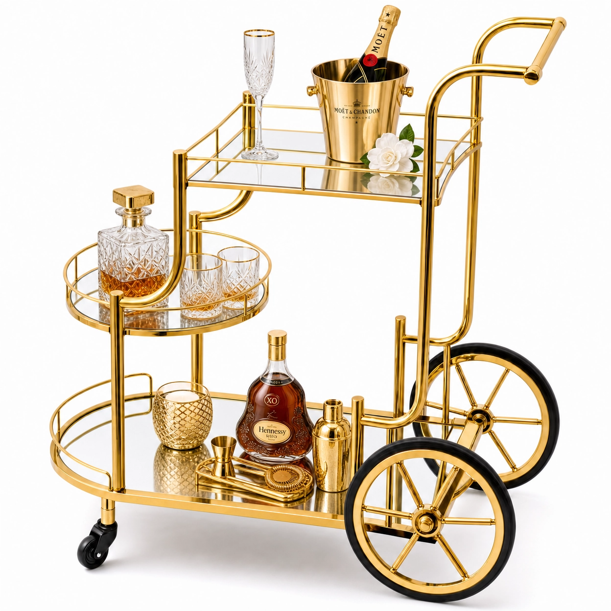 The Chateau three-tier gold mirror trolley — luxury gold bar cart with mirrored shelves, Australia