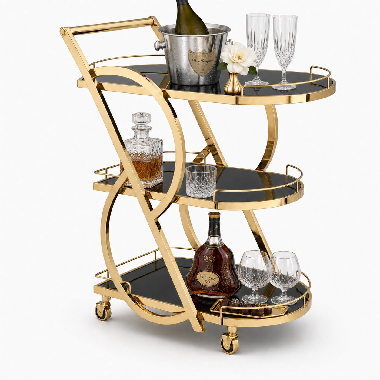 Teneriffe three-tier gold bar cart styled with crystal decanter and glassware — luxury home bar setup Australia