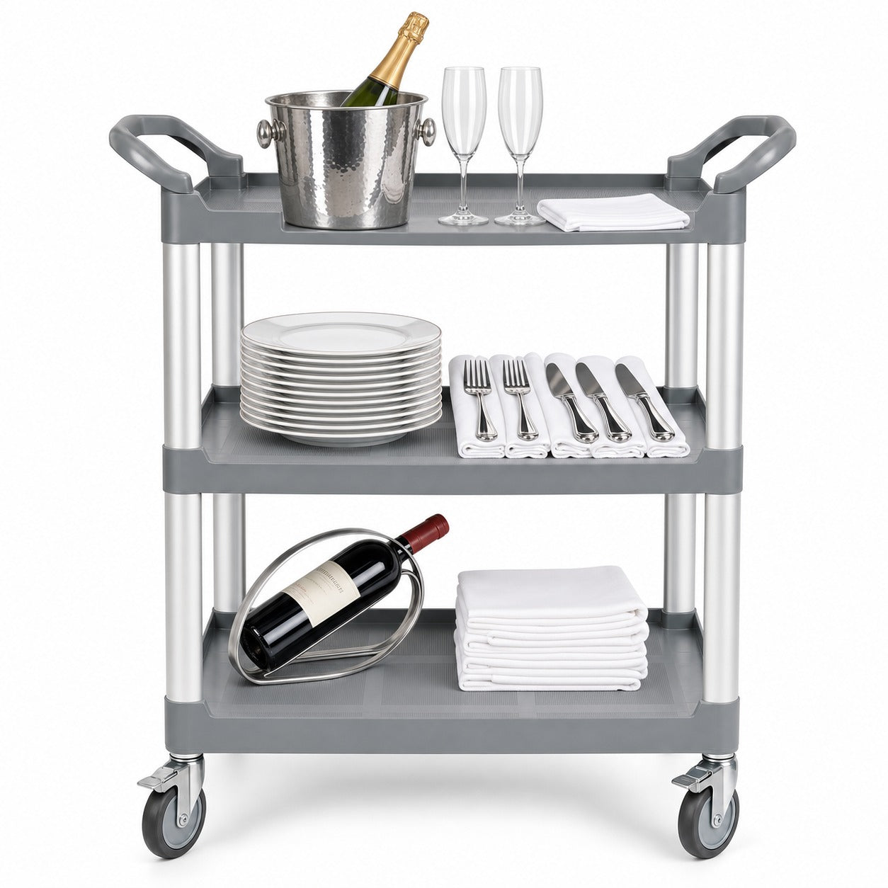 Commercial three-tier utility cart in restaurant setting — heavy-duty service trolley with anti-slip shelves Australia