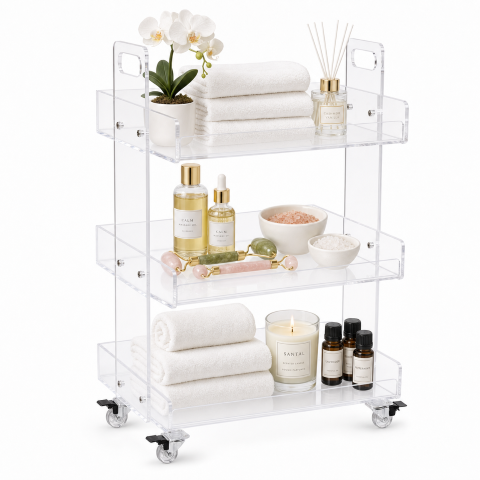 Crystal Clear Acrylic Rolling Salon Cart styled in spa setting — transparent beauty trolley with wellness products