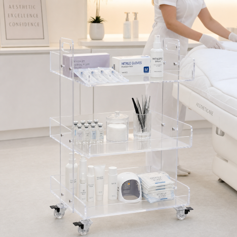 Crystal Clear Acrylic Rolling Salon Cart in aesthetic clinic — transparent acrylic clinic trolley for beauty professionals Australia