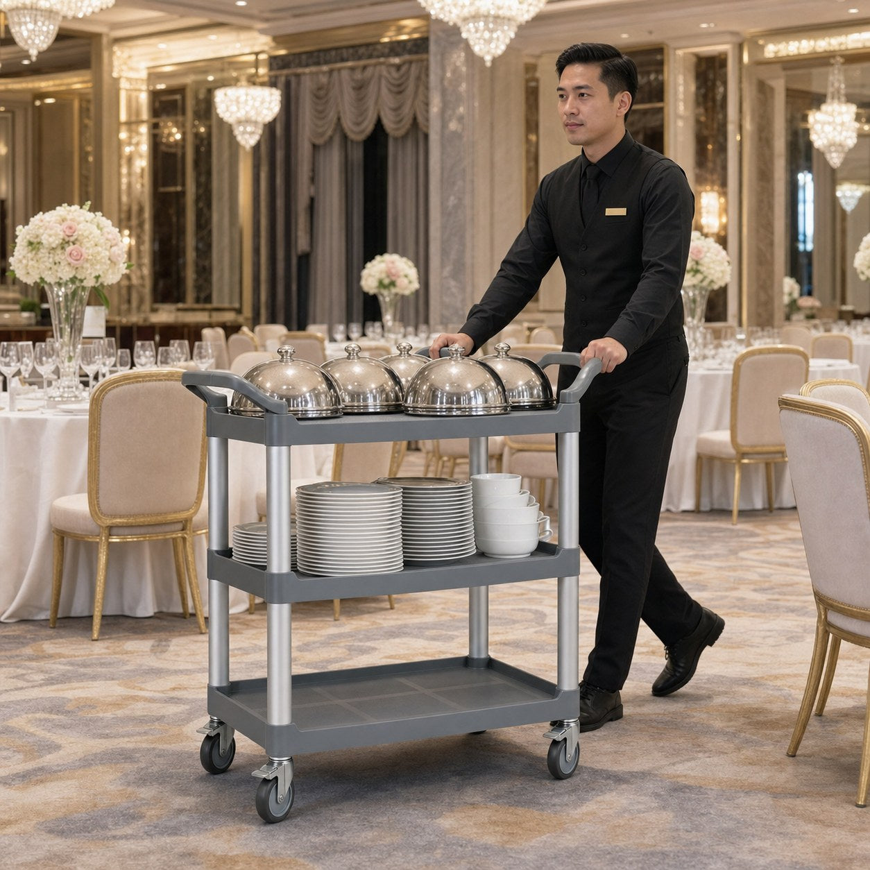 Commercial three-tier utility cart at hotel banquet — heavy-duty service trolley for hospitality venues Australia
