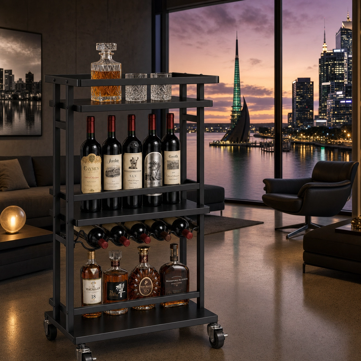 Oslo wine serving cart in Perth home — three-tier Nordic industrial drinks trolley with rustic wood shelves