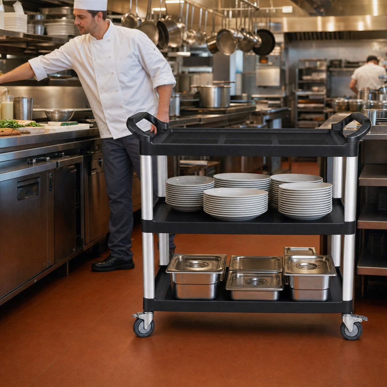 Commercial utility cart in restaurant kitchen — three-tier heavy-duty service trolley for professional catering Australia