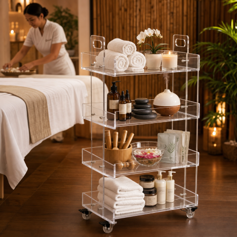 Crystal Clear Acrylic Rolling Salon Cart in spa massage room — transparent acrylic salon trolley for wellness and beauty spaces