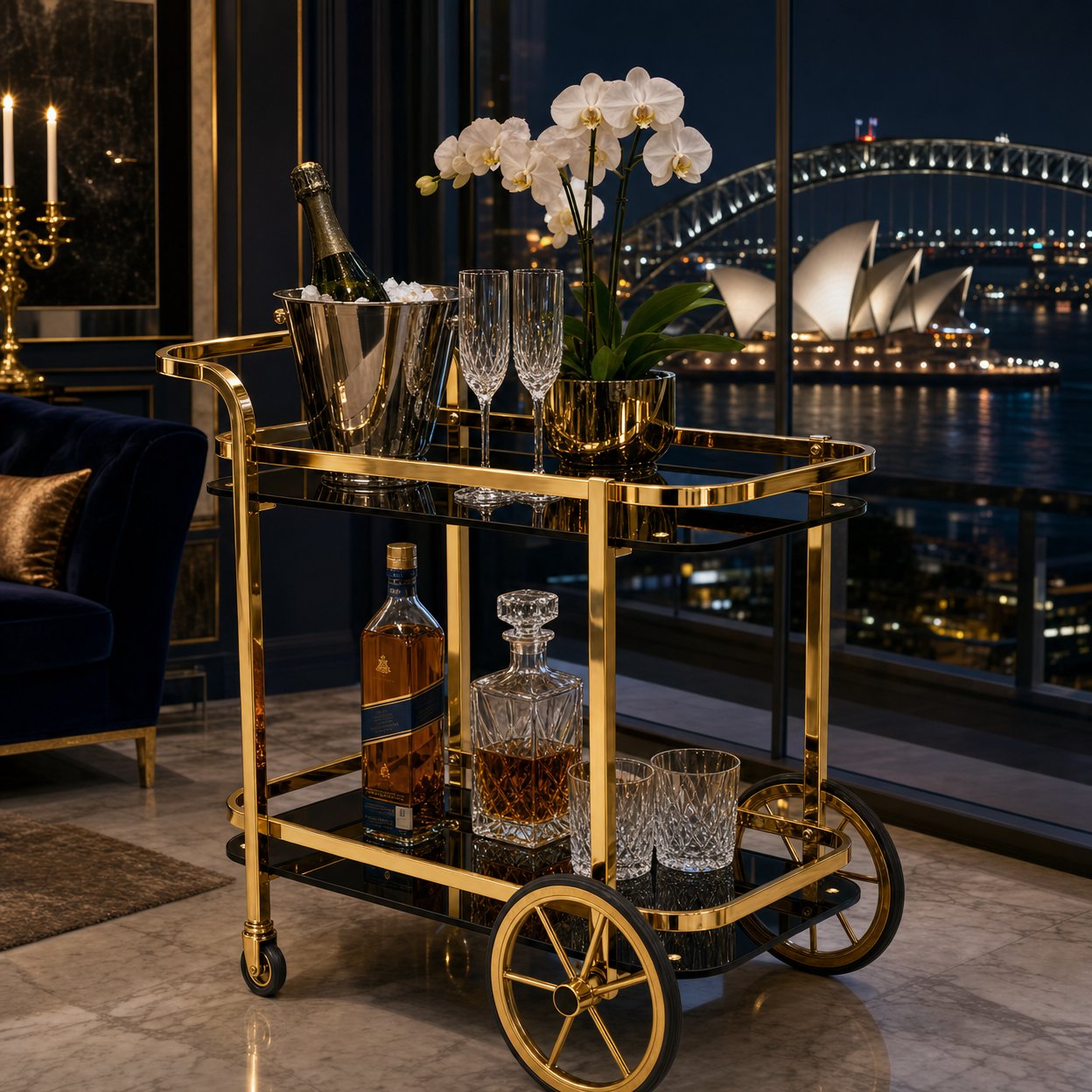 Gold bar cart Sydney — Le Versailles luxury drinks trolley in apartment with Harbour Bridge and Opera House view at night