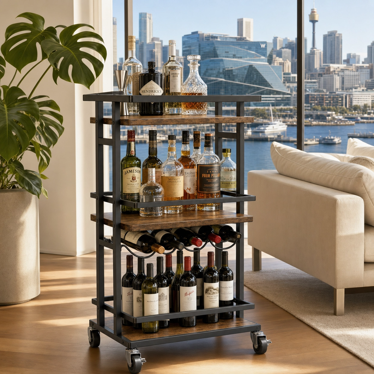 Oslo wine serving cart in Sydney apartment — three-tier industrial drinks trolley with rustic wood shelves