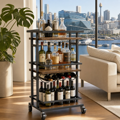 Oslo wine serving cart in Sydney apartment — three-tier industrial drinks trolley with rustic wood shelves
