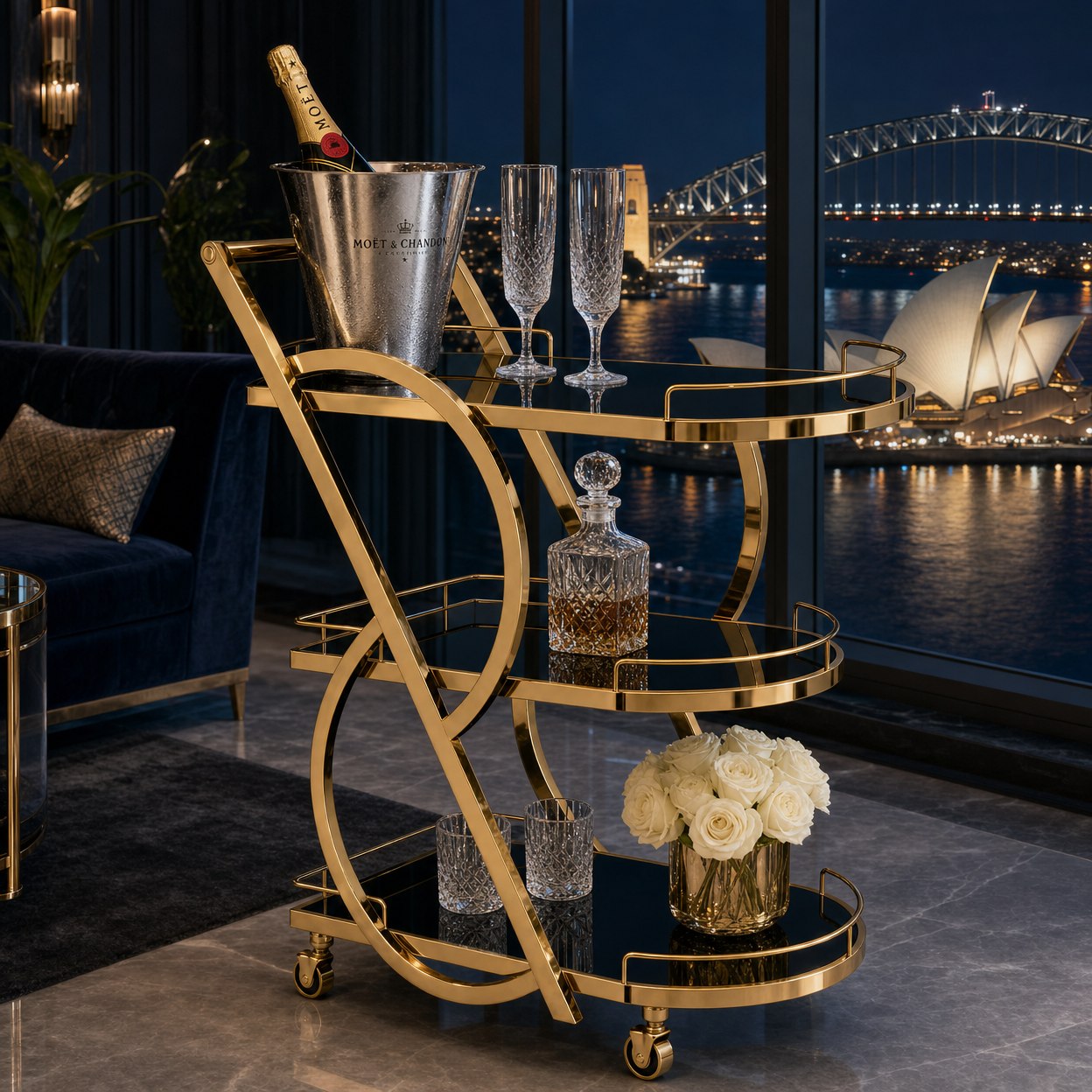 Teneriffe gold bar cart in luxury Sydney apartment — three-tier gold drinks trolley with city harbour view