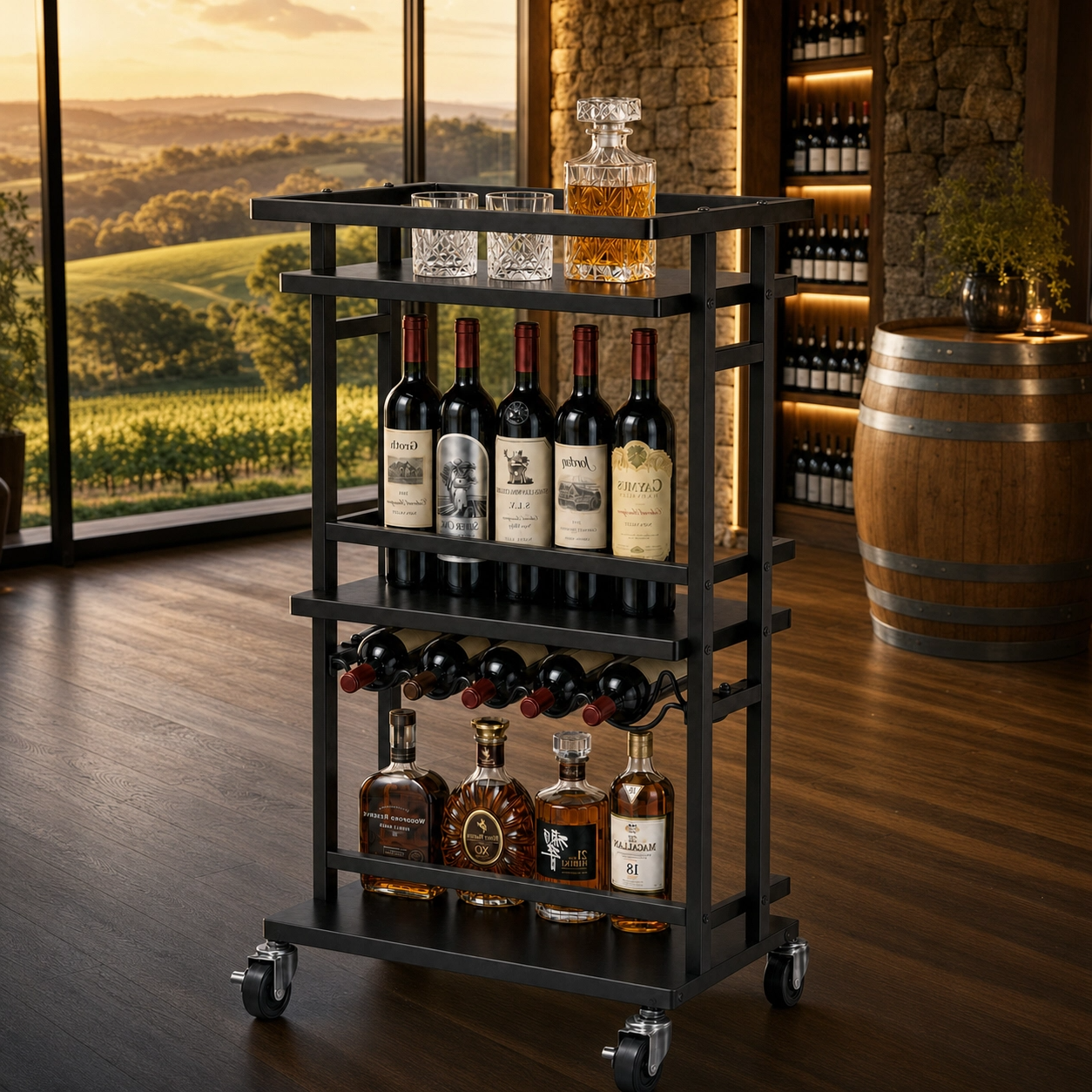Oslo wine serving cart in Adelaide living room — three-tier Nordic industrial bar cart with adjustable shelves