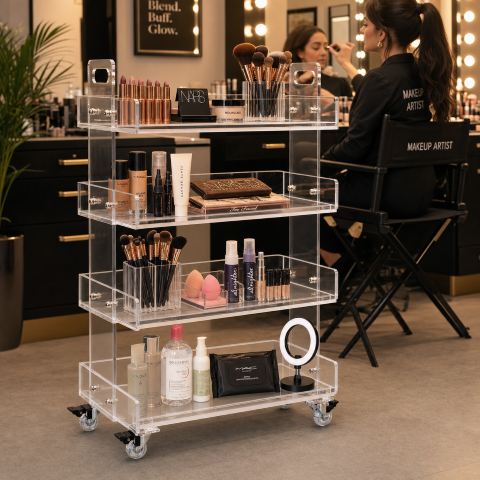Crystal Clear Acrylic Rolling Salon Cart in beauty salon — transparent acrylic 3-tier beauty trolley with swivel casters