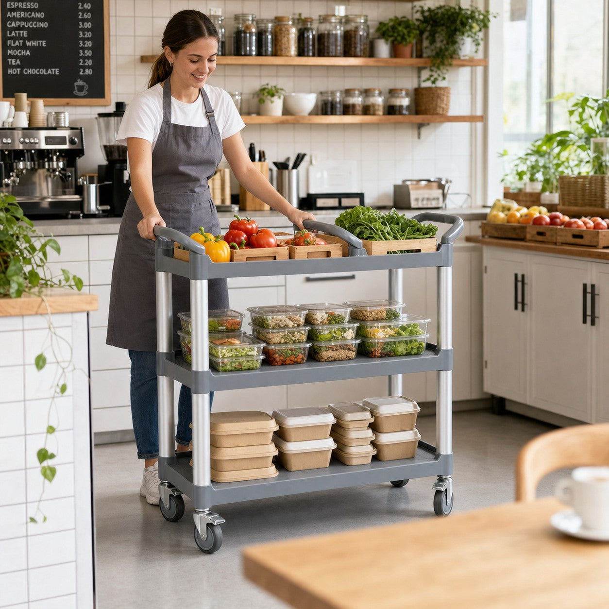Commercial utility cart used for cafe meal prep — three-tier service trolley with aluminium uprights