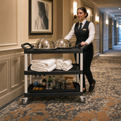 Commercial utility cart used for hotel room service — three-tier hospitality service trolley with silent casters