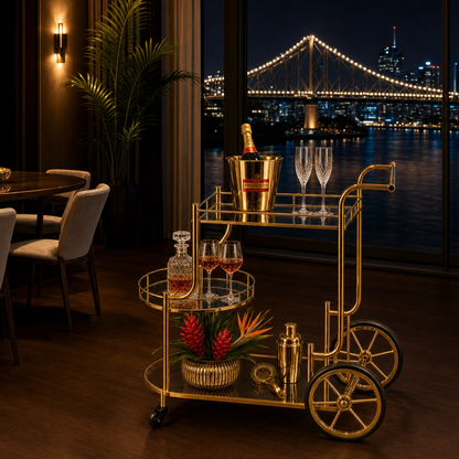 The Chateau gold mirror trolley top tier — three-tier gold bar cart Australia